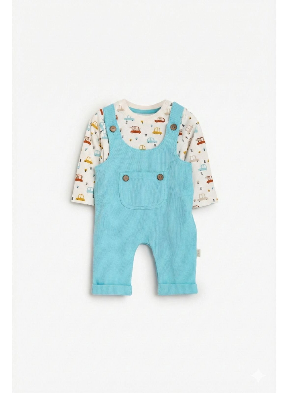 Junior Baby Boys Dungaree Set with Long Sleeve Top, Blue Corduroy Overalls with Car Print Shirt, Cotton, Classic Style Code2032